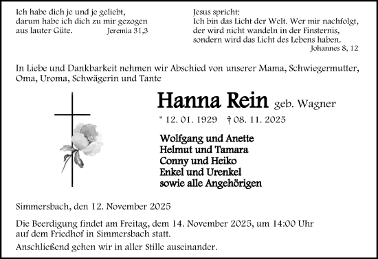 Traueranzeige von Hanna Rein von Dill Block