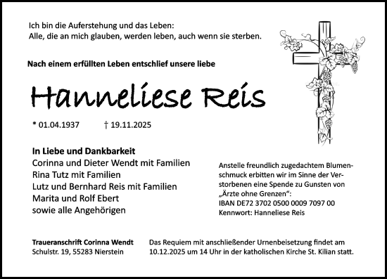 Traueranzeige von Hanneliese Reis von Allgemeine Zeitung Mainz