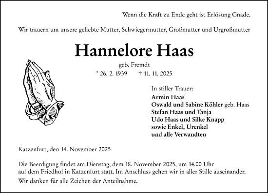 Traueranzeige von Hannelore Haas von Wetzlarer Neue Zeitung