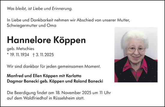 Traueranzeige von Hannelore Köppen von Rüsselsheimer Echo