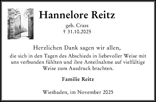 Traueranzeige von Hannelore Reitz von Wiesbadener Kurier