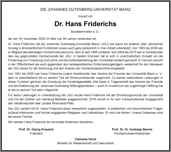 Traueranzeige von Hans Friderichs von Allgemeine Zeitung Mainz