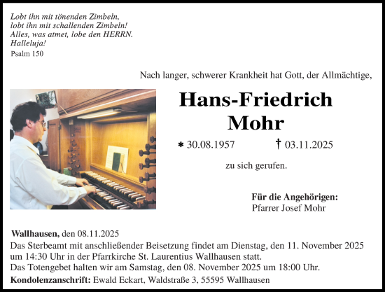 Traueranzeige von Hans-Friedrich Mohr von Allgemeine Zeitung Rheinhessen-Nahe