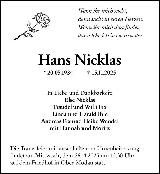 Traueranzeige von Hans Nicklas von Darmstädter Echo