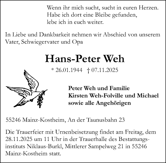 Traueranzeige von Hans-Peter Weh von Allgemeine Zeitung Mainz