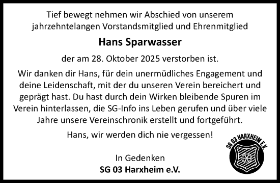 Traueranzeige von Hans Sparwasser von Allgemeine Zeitung Mainz