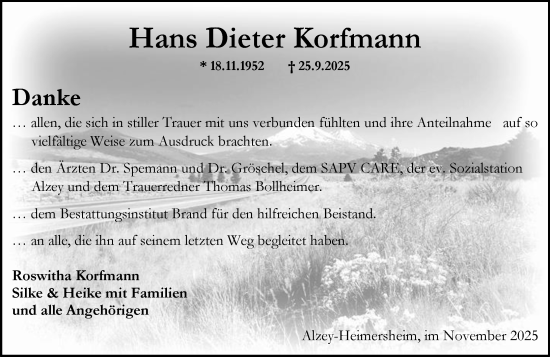 Traueranzeige von Hans Dieter Korfmann von Allgemeine Zeitung Alzey