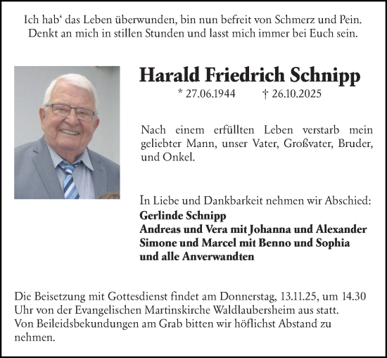 Traueranzeige von Harald Friedrich Schnipp von Binger-/Ingelheimer Wochenblatt