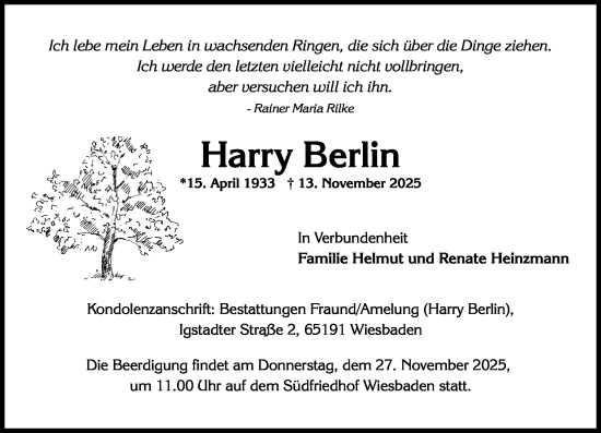Traueranzeige von Harry Berlin von Wiesbadener Kurier