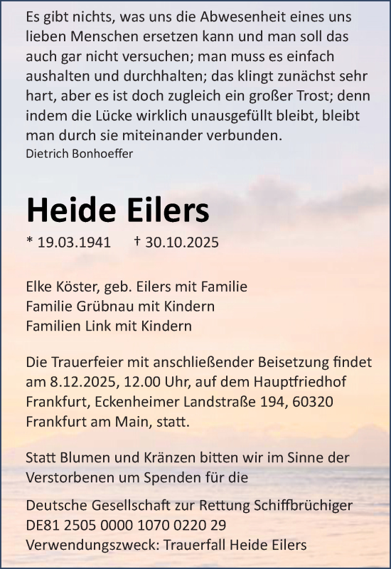 Traueranzeige von Heide Eilers von Wiesbadener Kurier