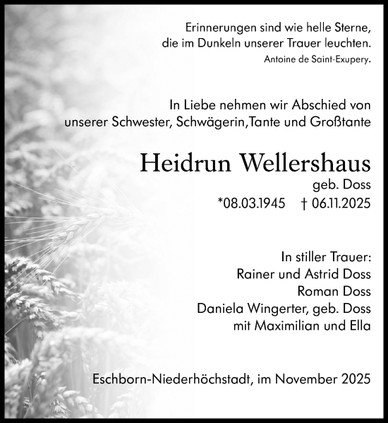 Traueranzeige von Heidrun Wellershaus von Allgemeine Zeitung Mainz