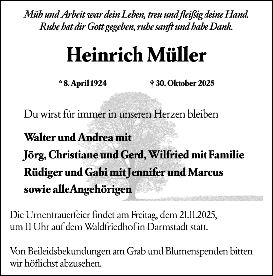 Traueranzeige von Heinrich Müller von Darmstädter Echo