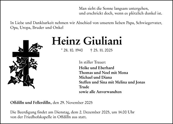 Traueranzeige von Heinz Giuliani von Dill Block
