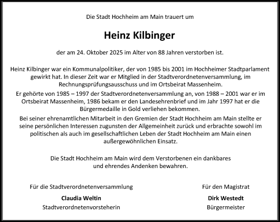 Traueranzeige von Heinz Kilbinger von Hochheimer Zeitung