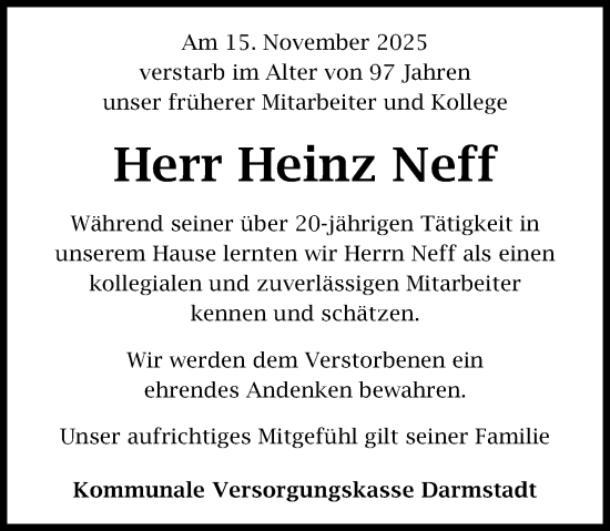 Traueranzeige von Heinz Neff von Darmstädter Echo
