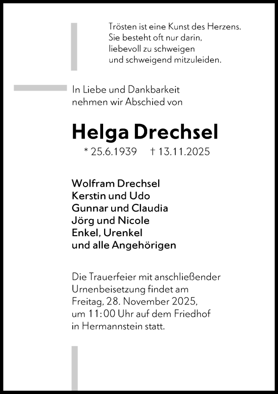 Traueranzeige von Helga Drechsel von Wetzlarer Neue Zeitung