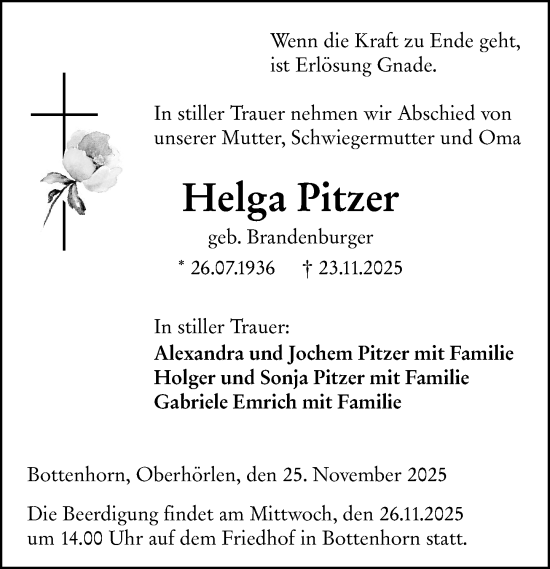 Traueranzeige von Helga Pitzer von Hinterländer Anzeiger