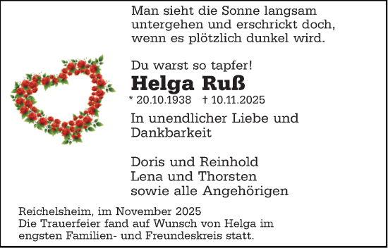 Traueranzeige von Helga Ruß von Odenwälder Echo