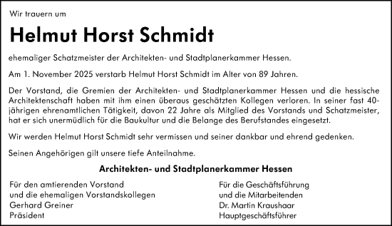 Traueranzeige von Helmut Horst Schmidt von Darmstädter Echo