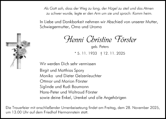 Traueranzeige von Henni Christine Förster von Wetzlarer Neue Zeitung