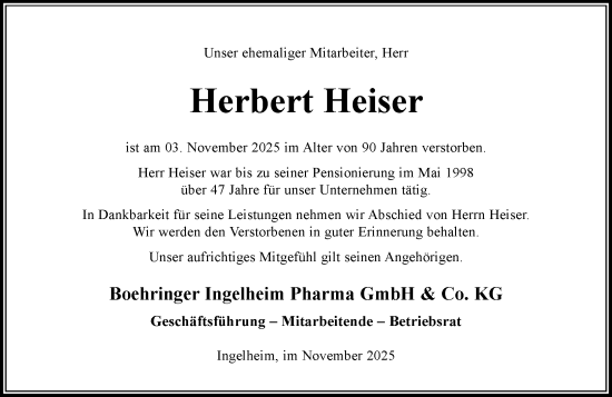 Traueranzeige von Herbert Heiser von Allgemeine Zeitung Rheinhessen-Nahe