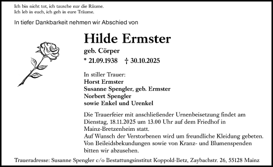 Traueranzeige von Hilde Ermster von Allgemeine Zeitung Mainz