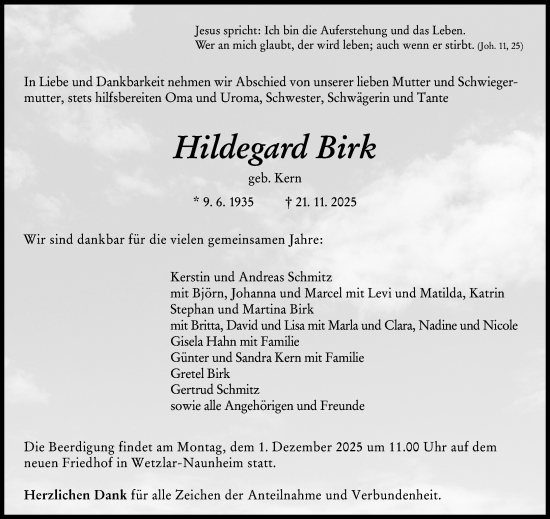 Traueranzeige von Hildegard Birk von Wetzlarer Neue Zeitung