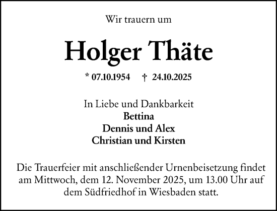 Traueranzeige von Holger Thäte von Wiesbadener Kurier
