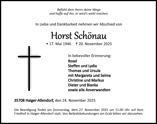 Traueranzeige von Horst Schönau von Dill Block