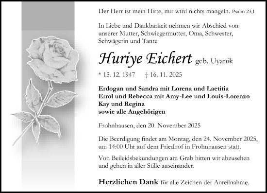 Traueranzeige von Huriye Eichert von Dill Block