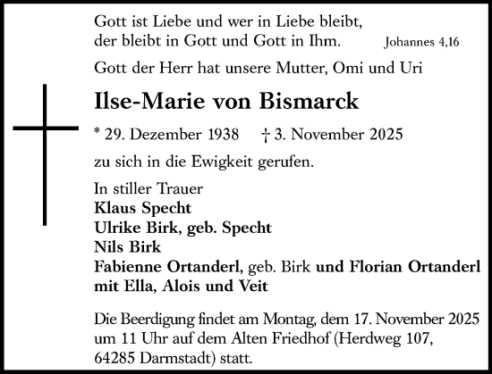 Traueranzeige von Ilse-Marie von Bismarck von Darmstädter Echo