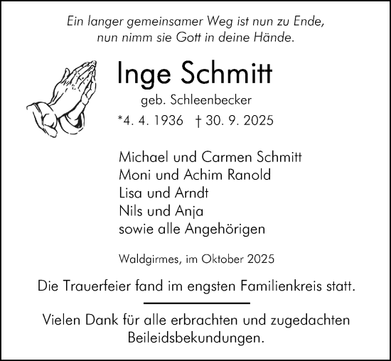 Traueranzeige von Inge Schmitt von Wetzlarer Neue Zeitung