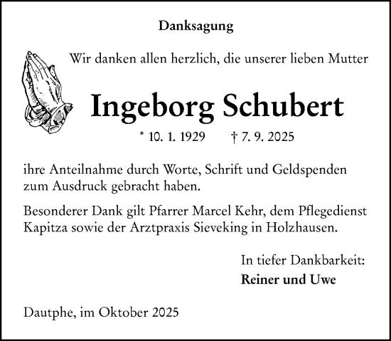 Traueranzeige von Ingeborg Schubert von Hinterländer Anzeiger