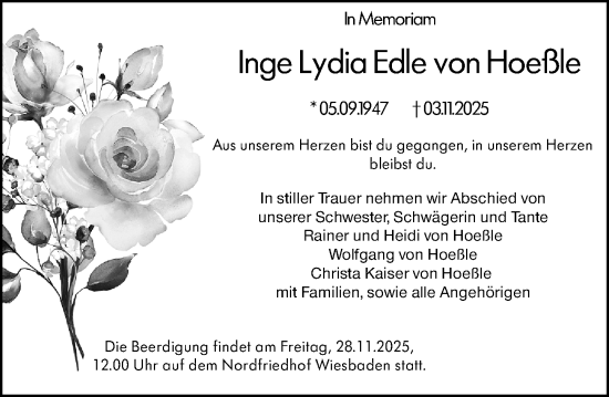 Traueranzeige von Inge Lydia Edle von Hoeßle von Wiesbadener Kurier