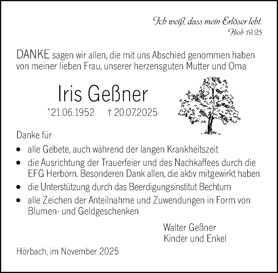 Traueranzeige von Iris Geßner von Dill Block