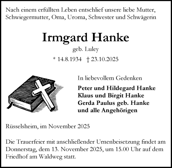 Traueranzeige von Irmgard Hanke von Rüsselsheimer Echo