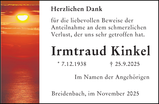 Traueranzeige von Irmtraud Kinkel von Hinterländer Anzeiger