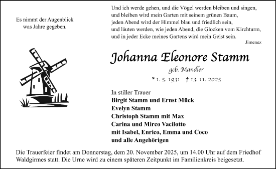 Traueranzeige von Johanna Eleonore Stamm von Wetzlarer Neue Zeitung