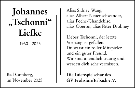 Traueranzeige von Johannes Liefke von Camberger Anzeiger