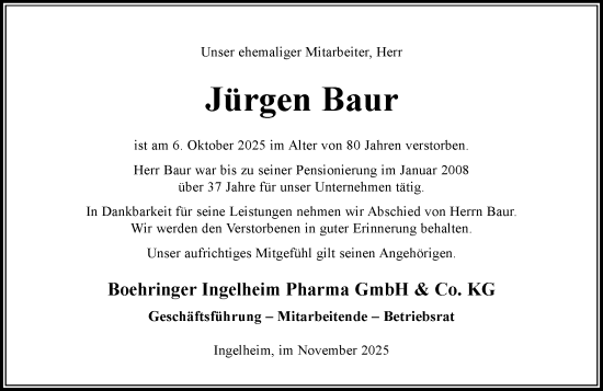 Traueranzeige von Jürgen Baur von Allgemeine Zeitung Rheinhessen-Nahe