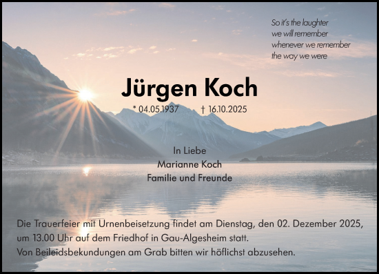 Traueranzeige von Jürgen Koch von Allgemeine Zeitung Rheinhessen-Nahe
