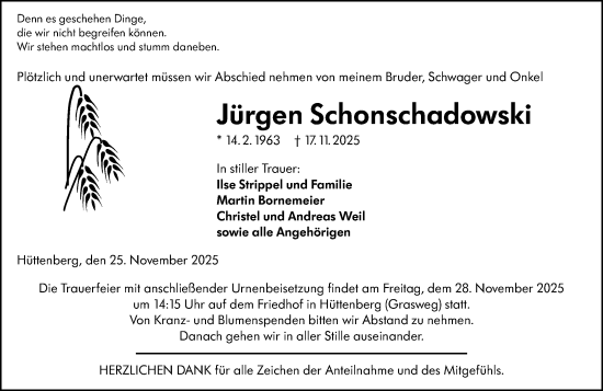 Traueranzeige von Jürgen Schonschadowski von Wetzlarer Neue Zeitung