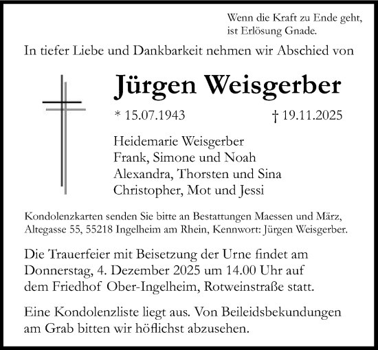 Traueranzeige von Jürgen Weisgerber von Allgemeine Zeitung Rheinhessen-Nahe