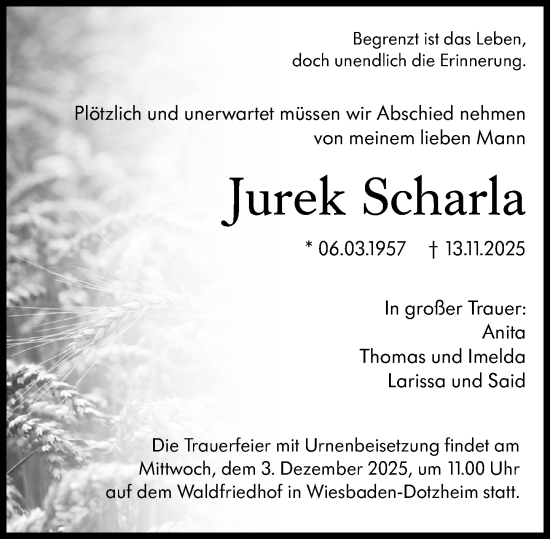 Traueranzeige von Jurek Scharla von Wiesbadener Kurier