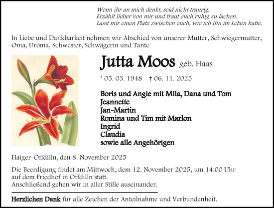 Traueranzeige von Jutta Moos von Dill Block