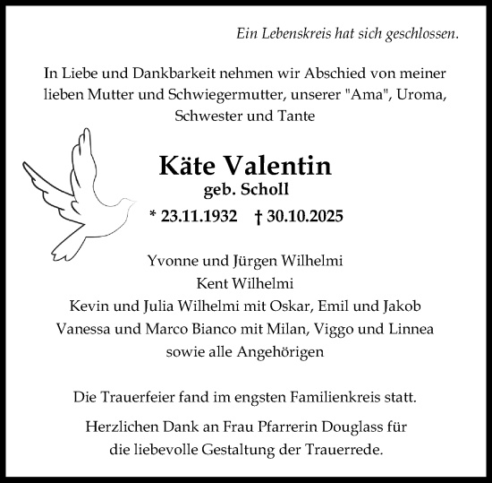 Traueranzeige von Käte Valentin von Wiesbadener Kurier