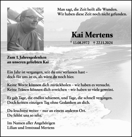 Traueranzeige von Kai Mertens von Allgemeine Zeitung Alzey