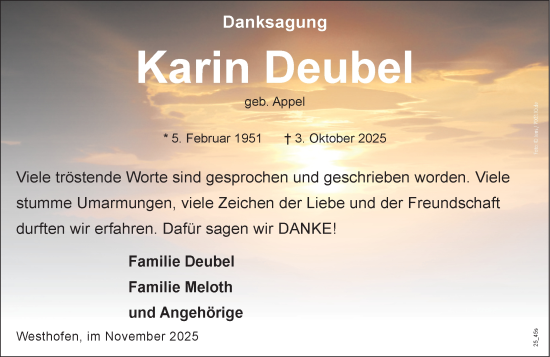 Traueranzeige von Karin Deubel von Wormser Zeitung