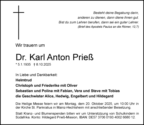 Traueranzeige von Karl Anton Prieß von Allgemeine Zeitung Mainz