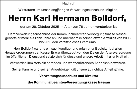 Traueranzeige von Karl Hermann Bolldorf von Hinterländer Anzeiger